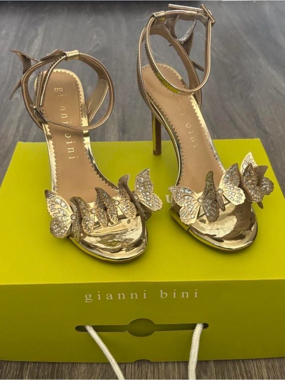 Gianni Bini Orlenna Leather Gold Butterfly Embellished Ankle-Strap Heels Size 10